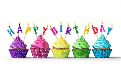 Feliz cumplea&#241;os, velas de cumplea&#241;os, cupcakes, felicitaciones, tortas, dulces, cumplea&#241;os