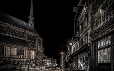 Honfleur, night, night streets, lights, old houses, France, Normandy