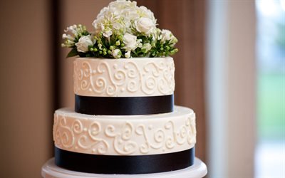 Düğün pastası, beyaz güller, çiçek dekorasyonları, düğün, tatlılar, pasta