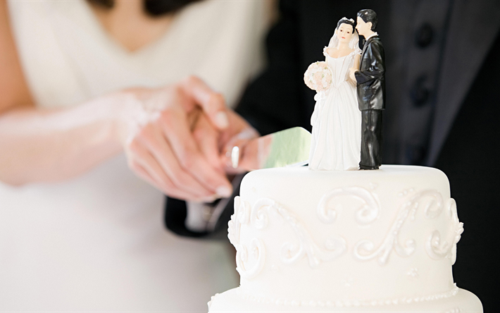 Wedding, 4к, wedding cake, groom, bride