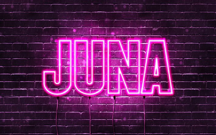 Juna, 4k, des fonds d&#39;&#233;cran avec des noms, des noms f&#233;minins, Juna nom, violet n&#233;on, Joyeux Anniversaire Juna, populaire en allemagne, les noms de femmes, image avec Juna nom