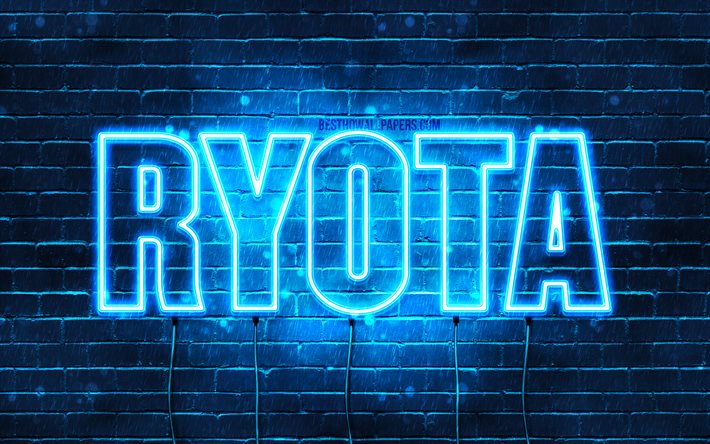 Ryota, 4k, pap&#233;is de parede com os nomes de, texto horizontal, Ryota nome, Feliz Anivers&#225;rio Ryota, popular japon&#234;s nomes masculinos, luzes de neon azuis, imagem com Ryota nome