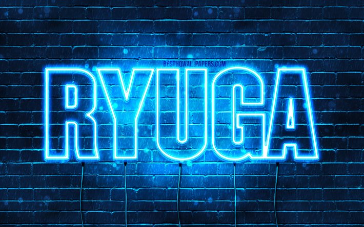 Ryuga, 4k, taustakuvia nimet, vaakasuuntainen teksti, Ryuga nimi, Hyv&#228;&#228; Syntym&#228;p&#228;iv&#228;&#228; Ryuga, suosittu japanilainen mies nimet, blue neon valot, kuva Ryuga nimi