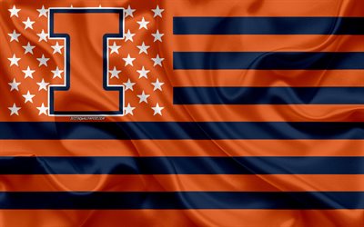 Illinois Fighting Illini, squadra di football Americano, creativo, bandiera Americana, l&#39;arancione e il blu della bandiera, NCAA, Champaign, Illinois, USA, Illinois Fighting Illini logo, stemma, bandiera di seta, il football Americano
