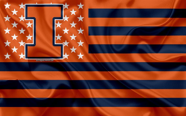 Illinois Fighting Illini, Amerikkalainen jalkapallo joukkue, luova Amerikan lippu, oranssi ja sininen lippu, NCAA, Champaign, Illinois, USA, Illinois Fighting Illini logo, tunnus, silkki lippu, Amerikkalainen jalkapallo