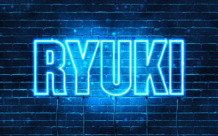 Ryuki, 4k, fondos de pantalla con los nombres, el texto horizontal, Ryuki nombre, Feliz Cumplea&#241;os Ryuki, popular japonesa macho nombres, luces azules de ne&#243;n, de la imagen con el nombre de Ryuki