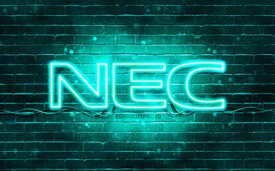 NEC turquoise logo, 4k, turquoise brickwall, NEC logo, brands, NEC neon logo, NEC