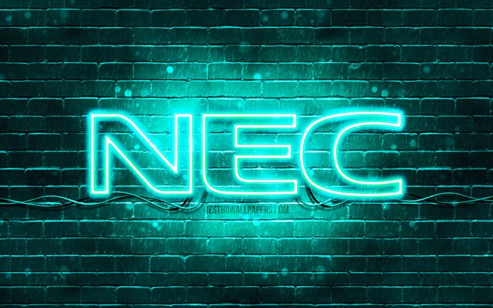 NECはターコイズブルーロゴ, 4k, ターコイズブルー brickwall, NECマーク, ブランド, NECネオンのロゴ, NEC