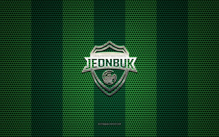 jeonbuk hyundai motors-logo, der südkoreanischen fußball-club, metall-emblem, grün-metallic mesh-hintergrund, jeonbuk hyundai motors, k-league 1, jeonju, süd-korea, fußball