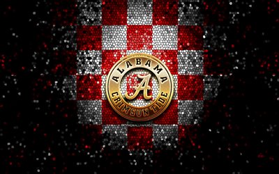 Alabama Crimson Tide, glitter logo, NCAA, kırmızı beyaz damalı arka plan, ABD, Amerikan futbol takımı, Alabama Crimson Tide logo, mozaik sanatı, Amerikan Futbolu, Amerika