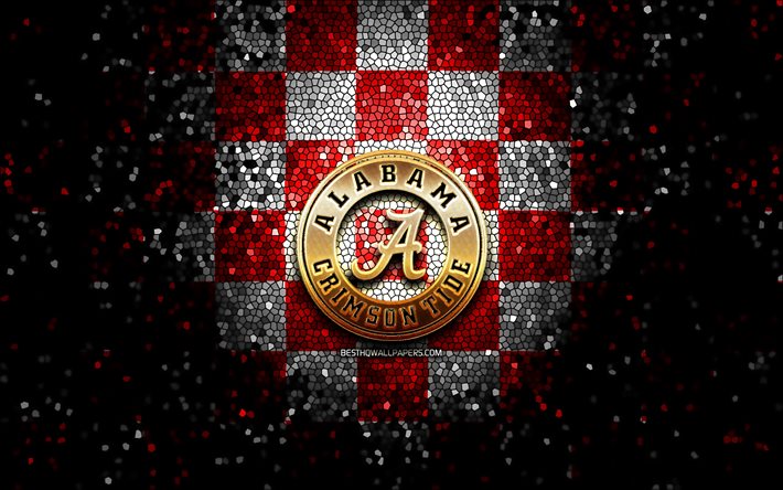 Alabama Crimson Tide, glitter logo, NCAA, red white checkered background, USA, american football team, Alabama Crimson Tide logo, mosaic art, american football, America