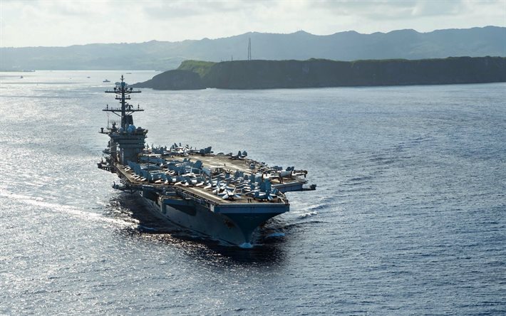 uss theodore roosevelt cvn-71, die nimitz-klasse flugzeugtr&#228;ger, kampfjets auf dem deck, united states navy, nuclear-powered aircraft carrier, us navy