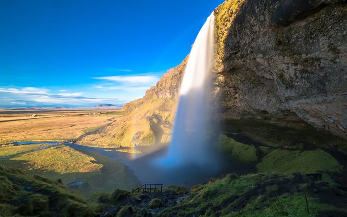 Seljalandsfoss, waterfall, Iceland, evening, sunset, beautiful waterfalls, waterfalls Iceland, Seljalands River