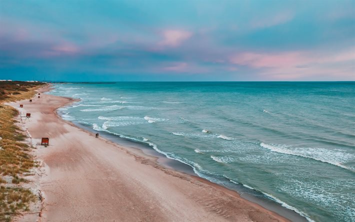 Mar b&#225;ltico, costa, playa, noche, puesta de sol, paisaje del mar, las olas, la hermosa costa del Condado de Klaipeda, Giruliai, Lituania