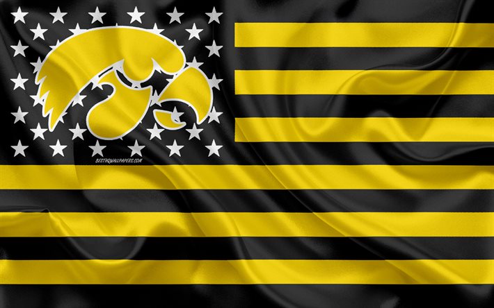 Iowa Hawkeyes, Amerikkalainen jalkapallo joukkue, luova Amerikan lippu, keltainen musta lippu, NCAA, Iowa City, Iowa, USA, Iowa Hawkeyes logo, tunnus, silkki lippu, Amerikkalainen jalkapallo, University of Iowa, Yleisurheilu