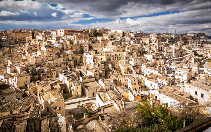 Matera, Basilicata, Panorama de Matera, ciudad italiana, por la ma&#241;ana, casas viejas, paisaje de la ciudad de Matera, Italia