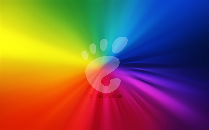 Gnome logo, 4k, vortex, Linux, rainbow backgrounds, creative, operating systems, artwork, Gnome