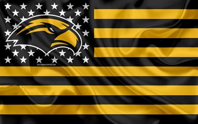 Southern Miss Golden Eagles, American football team, creative American flag, yellow black flag, NCAA, Hattiesburg, Mississippi, USA, Southern Miss Golden Eagles logo, emblem, silk flag, American football