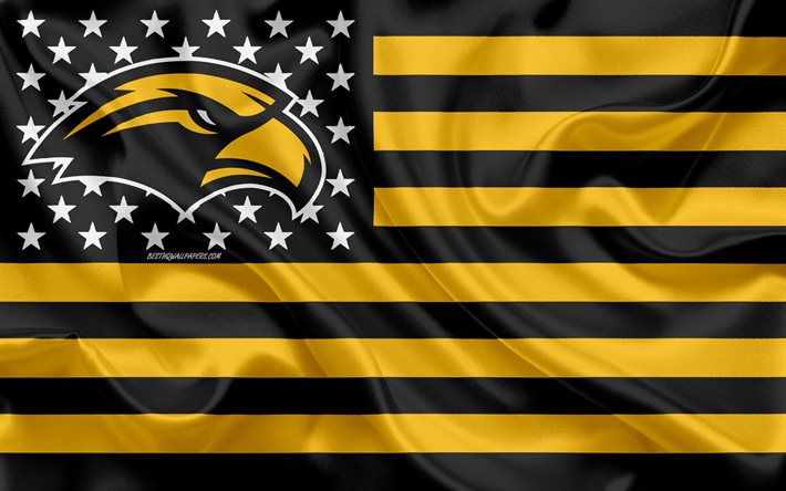 Southern Miss Golden Eagles Amerikan futbol takımı, yaratıcı Amerikan bayrağı, sarı, siyah bayrak, NCAA, Hattiesburg, Mississippi, ABD, Southern Miss Golden Eagles logo, amblem, ipek bayrak, Amerikan Futbolu