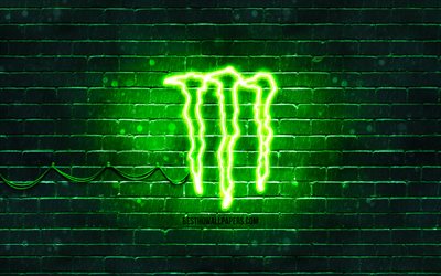 Monster Energy logo vert, 4k, vert brickwall, Monster Energy logo, des boissons de marques, Monster Energy n&#233;on logo Monster Energy
