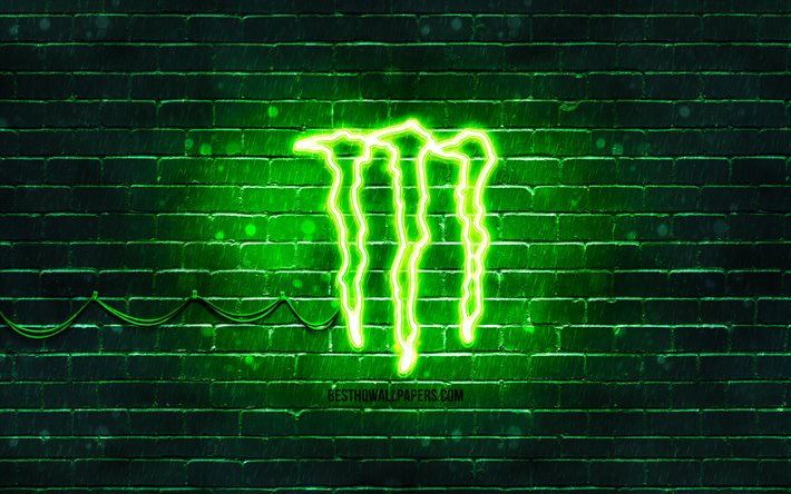 Monster Energy green logo, 4k, green brickwall, Monster Energy logo, drinks brands, Monster Energy neon logo, Monster Energy