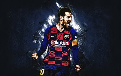 Lionel Messi, FC Barcelona, portrait, blue stone background, Leo Messi, football, creative art, La Liga, Champions League