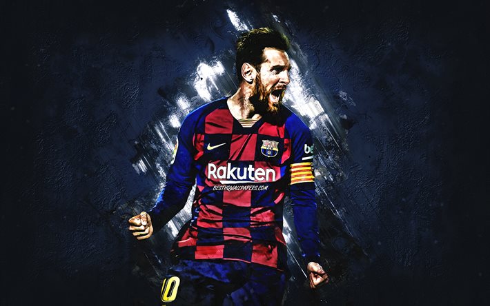 Lionel Messi, FC Barcelona, portre, mavi taş, arka plan, Leo Messi, futbol, yaratıcı sanat, UEFA Şampiyonlar Ligi