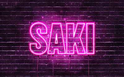 Saki, 4k, des fonds d&#39;&#233;cran avec des noms, des noms f&#233;minins, Saki nom, violet n&#233;on, Joyeux Anniversaire Saki, populaire japonais de noms de femmes, image avec Saki nom