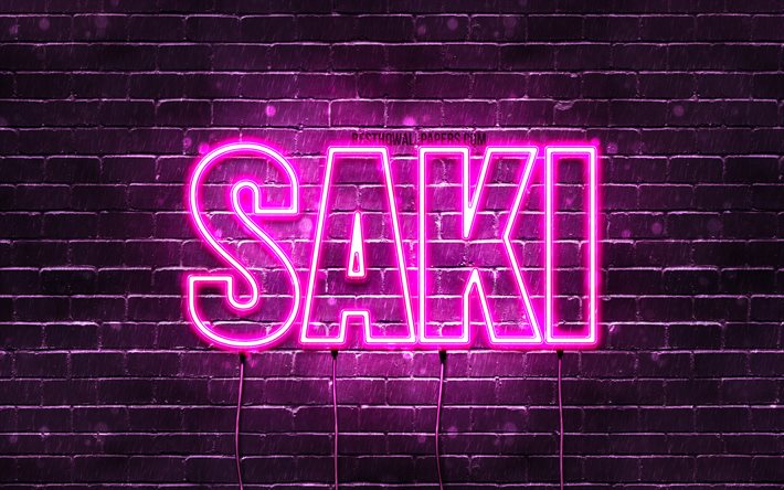 Saki, 4k, tapeter med namn, kvinnliga namn, Saki namn, lila neon lights, Grattis P&#229; F&#246;delsedagen Saki, popul&#228;ra japanska kvinnliga namn, bild med Saki namn