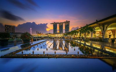 Singapore, Marina Bay Sands, kv&#228;ll, sunset, stadsbilden, lyxhotell, Singapore panorama, Asien