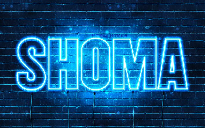 Shoma, 4k, fondos de pantalla con los nombres, el texto horizontal, Shoma nombre, Feliz Cumplea&#241;os Shoma, popular japonesa macho nombres, luces azules de ne&#243;n, de la imagen con el nombre de Shoma