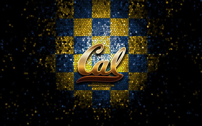 California Golden Bears, glitter, logo, NCAA, blu, giallo, sfondo a scacchi, USA, squadra di football americano, California Golden Bears logo, il mosaico, il football americano, l&#39;America