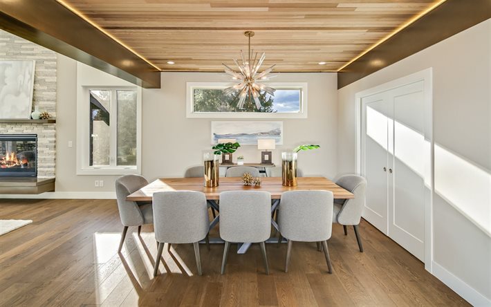 sala de jantar, um design interior moderno, luz de tecto em madeira, lareira na sala de jantar, piso de madeira