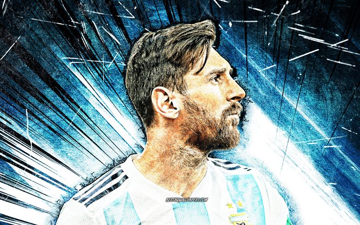 4k, Lionel Messi, grunge art, Argentina national football team, 2020, football stars, blue abstract rays, Leo Messi, soccer, Messi, Argentine National Team, Lionel Messi 4K, footballers