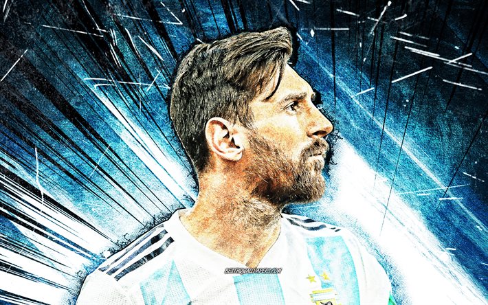 4k, Lionel Messi, grunge arte, Argentina equipa nacional de futebol, 2020, estrelas do futebol, azul resumo raios, Leo Messi, futebol, Messi, Argentino Da Equipe Nacional, Lionel Messi 4K, jogadores de futebol