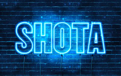 Shota, 4k, fondos de pantalla con los nombres, el texto horizontal, Shota nombre, Feliz Cumplea&#241;os, popular japonesa macho nombres, luces azules de ne&#243;n, imagen con Shota nombre