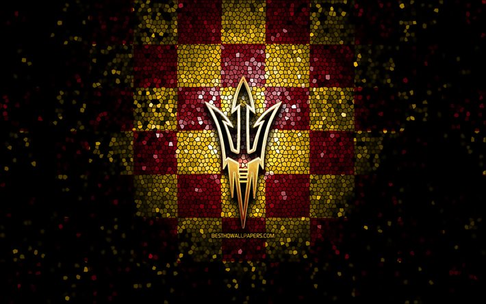 Arizona State Sun Devils, glitter, logo, NCAA, viola, giallo, sfondo a scacchi, USA, squadra di football americano, il logo, il mosaico, il football americano, l&#39;America