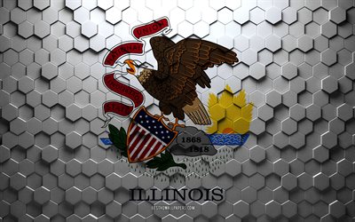 Drapeau de l’Illinois, art en nid d’abeille, drapeau hexagonaux de l’Illinois, Illinois, art hexagonaux 3D, drapeau de l’Illinois