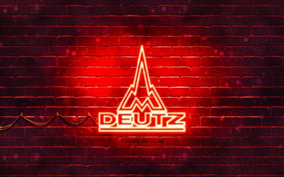 Deutz-Fahr punainen logo, 4k, punainen tiilisein&#228;, Deutz-Fahr logo, tuotemerkit, Deutz-Fahr neon logo, Deutz-Fahr