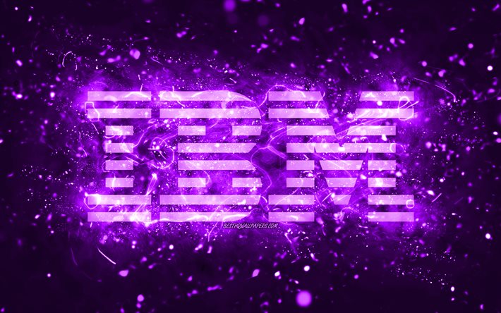 ibm violet logo, 4k, violette neonlichter, kreativer, violetter abstrakter hintergrund, ibm logo, marken, ibm