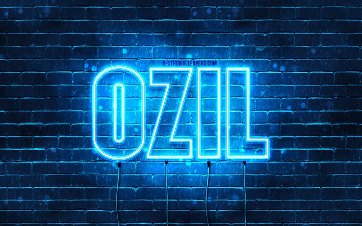 Ozil, 4k, sfondi con nomi, nome Ozil, luci al neon blu, buon compleanno Ozil, nomi maschili arabi popolari, foto con nome Ozil