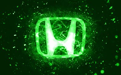 Logo vert Honda, 4k, n&#233;ons verts, cr&#233;atif, fond abstrait vert, logo Honda, marques de voitures, Honda