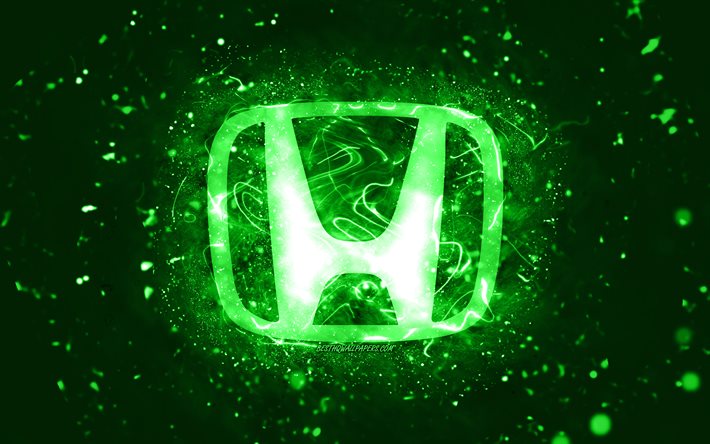 Honda green logo, 4k, green neon lights, creative, green abstract background, Honda logo, cars brands, Honda