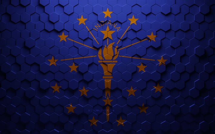 Bandeira de Indiana, arte em favo de mel, bandeira hex&#225;gonos de Indiana, Indiana, arte em hex&#225;gonos 3D, bandeira de Indiana