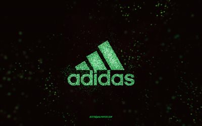 Adidas glitter logo, 4k, musta tausta, Adidas logo, vaaleanvihre&#228; glitter taide, Adidas, luova taide, Adidas vaaleanvihre&#228; glitter logo