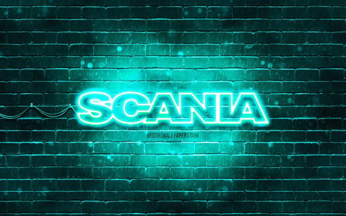 Scania turquoise logo, 4k, turquoise brickwall, Scania logo, brands, Scania neon logo, Scania