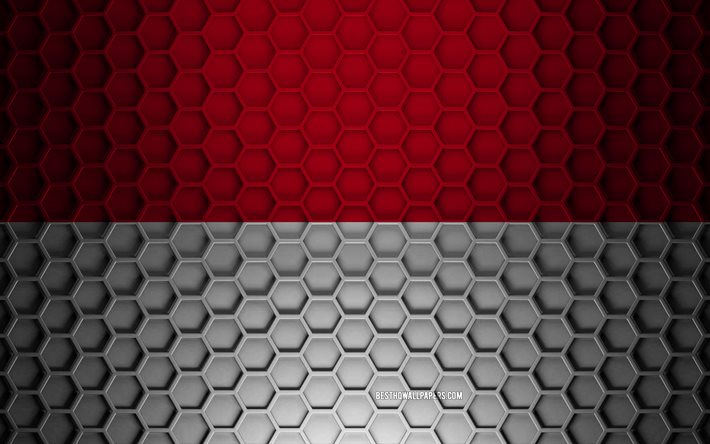 Bandiera Indonesia, texture esagonali 3d, Indonesia, texture 3d, bandiera Indonesia 3d, texture metallica, bandiera dell&#39;Indonesia