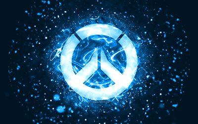 Logotipo azul overwatch, 4k, luzes azuis neon, criativo, fundo abstrato azul, logotipo Overwatch, jogos online, Overwatch