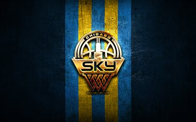 Chicago Sky, golden logo, WNBA, blue metal background, american basketball team, Chicago Sky logo, basketball