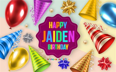 Joyeux anniversaire Jaiden, 4k, fond de ballon d&#39;anniversaire, Jaiden, art cr&#233;atif, joyeux anniversaire Jaiden, noeuds en soie, anniversaire Jaiden, fond de f&#234;te d&#39;anniversaire